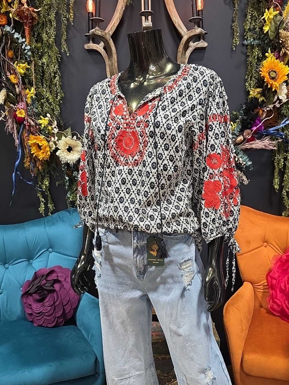 Solitaire Black & Red/ Orange Embroidered Peasant Blouse